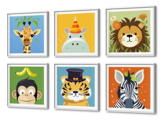 لوحات مودرن للأطفال SA1858 كل التابلوهات المودرن, حيوانات المزرعة, حيوانات مفترسة, زرافات, قطط, حيوانات و طيور ازرق - تركواز, برتقالى, متعدد الالوان الستريشن - فيكتور, ديجيتال آرت, لوحات فنية, مودرن غرفة اطفال بالعرض, ببرواز, برواز SF9, برواز ابيض, مربع, مستطيل