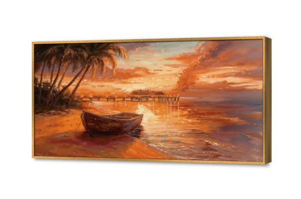 تابلوه - وقت الغروب SA22743 كل التابلوهات المودرن, قوارب و مراكب, بحار و شواطئ و مراكب برتقالى الوان زيتية - اكريليك, لوحات فنية, مودرن غرفة المعيشة, مكاتب – شركات - اعمال شروق - غروب بالعرض, ببرواز, برواز ذهبى, مستطيل