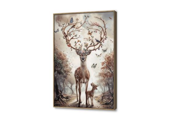 لوحه الغزلان والزهور والطيور SA24227 كل التابلوهات المودرن, غزلان, حيوانات و طيور برتقالى, بنى - بيج الوان زيتية - اكريليك, عتيق - فينتاج, لوحات فنية غرفة المعيشة بالطول, ببرواز, برواز خشبى, مستطيل