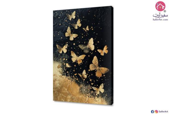 تابلوه مودرن فراشات ذهبى SA24172 ( كل التابلوهات المودرن), حيوانات و طيور اسود, الوان داكنة, فضى – ذهبى لوحات فنية غرفة الاستقبال, غرفة المعيشة, غرفة النوم, مكاتب – شركات - اعمال بالطول, مستطيل