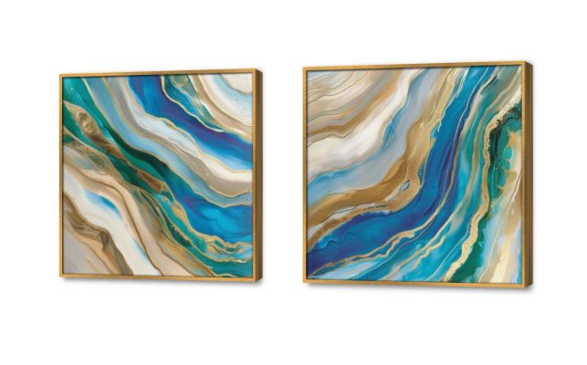 تابلوه تجريدى متعدد الالوان SA24841 كل التابلوهات المودرن, تجريدي ازرق - تركواز, فضى – ذهبى الوان مائية, لوحات فنية غرفة الاستقبال, غرفة المعيشة, مكاتب – شركات - اعمال ببرواز, برواز ذهبى, مربع