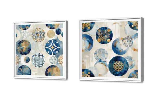 لوحة فنية - ذهبي وأزرق SA27246 كل التابلوهات المودرن, اشكال هندسية و زخارف ابيض - اوف وايت, ازرق - تركواز, فضى – ذهبى اشكال هندسية و زخارف, الستريشن - فيكتور, دوائر, لوحات فنية, مودرن غرفة الاستقبال, غرفة المعيشة, غرفة النوم, مدخل المنزل, مكاتب – شركات - اعمال ببرواز, برواز SF9, برواز ابيض, مربع