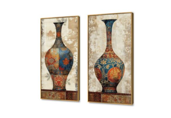 لوحات فنية فازات هندي SA28816 كل التابلوهات المودرن, فازات و اوانى, طبيعه صامتة ازرق - تركواز, برتقالى, بنى - بيج تماثل - سيميترى, ديجيتال آرت, لوحات فنية غرفة الاستقبال, غرفة المعيشة, مدخل المنزل, مكاتب – شركات - اعمال بالطول, ببرواز, برواز ذهبى, مستطيل