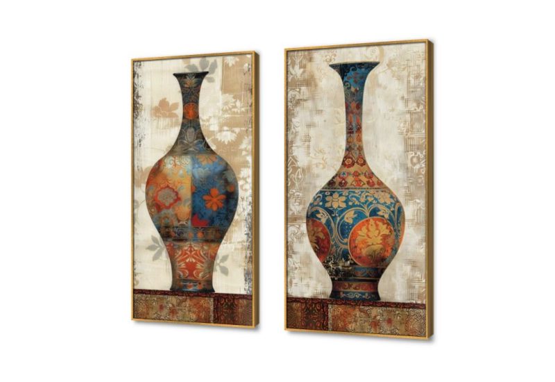 لوحات فنية فازات هندي SA28816 كل التابلوهات المودرن, فازات و اوانى, طبيعه صامتة ازرق - تركواز, برتقالى, بنى - بيج تماثل - سيميترى, ديجيتال آرت, لوحات فنية غرفة الاستقبال, غرفة المعيشة, مدخل المنزل, مكاتب – شركات - اعمال بالطول, ببرواز, برواز ذهبى, مستطيل