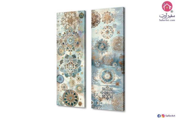 لوحات زخارف مانديلا SA30254 ( كل التابلوهات المودرن), اشكال هندسية و زخارف ازرق - تركواز, فضى – ذهبى دوائر, لوحات فنية غرفة الاستقبال, غرفة المعيشة, مدخل المنزل, مكاتب – شركات - اعمال بالطول, مستطيل