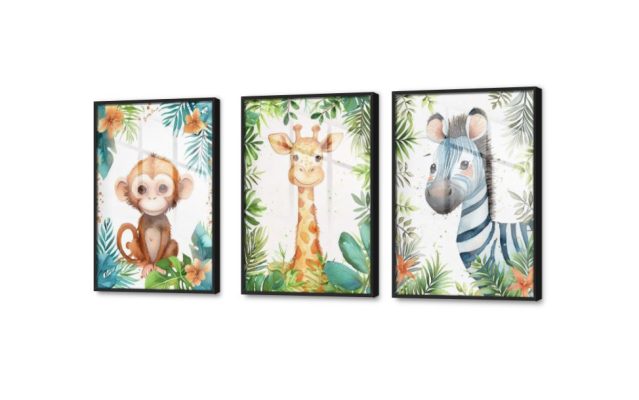 لوحات مودرن للأطفال SA33593 كل التابلوهات المودرن, زرافات, حيوانات و طيور ابيض - اوف وايت, اخضر - زيتى, اصفر, برتقالى, بنى - بيج الوان مائية, لوحات فنية, مودرن غرفة اطفال اكريليك, بالعرض, ببرواز, برواز اسود, مستطيل