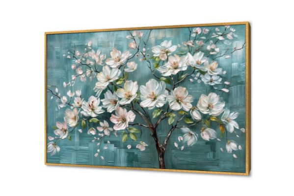 تابلوهات - مناظر طبيعية SA38565 كل التابلوهات المودرن, ورود - زهور - نباتات ابيض - اوف وايت, ازرق - تركواز الوان زيتية - اكريليك, لوحات فنية, مودرن غرفة الاستقبال, غرفة المعيشة, غرفة نوم فصل الربيع بالعرض, ببرواز, برواز ذهبى, مستطيل