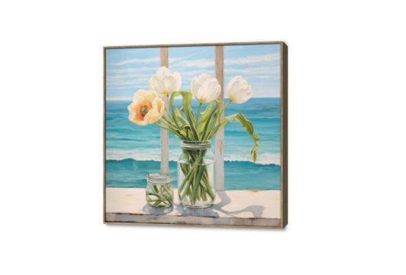 تابلوه أزهار التوليب البيضاء في مزهرية زجاجية SA45293 كل التابلوهات المودرن, شاطئ البحر, نوافذ, بحار و شواطئ و مراكب, اماكن و مدن و مباني, ورود - زهور - نباتات ابيض - اوف وايت, ازرق - تركواز الوان زيتية - اكريليك, لوحات فنية, مودرن غرفة الاستقبال, غرفة المعيشة, مدخل المنزل ببرواز, برواز خشبى, مربع