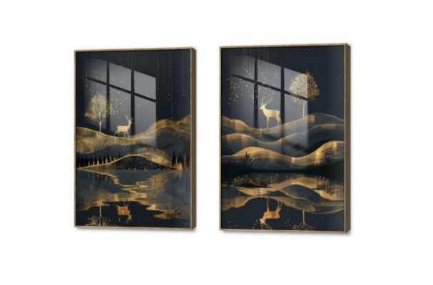 لوحة جدارية أسود في ذهبي من قطعتين SA52524 كل التابلوهات المودرن, غزلان, حيوانات و طيور اسود, اللون الواحد, الوان داكنة, فضى – ذهبى بسيط و هادئ, ديجيتال آرت, مودرن غرفة الاستقبال, غرفة المعيشة, مدخل المنزل فى الليل اكريليك, بالطول, ببرواز, برواز خشبى, مستطيل