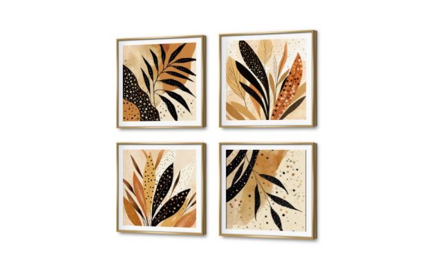 تابلوهات مودرن مطبوعة على كانفاس، أوراق النخيل SA53909 كل التابلوهات المودرن, اوراق شجر - نباتات, ورود - زهور - نباتات بنى - بيج, اسود بوهو ستايل, ديجيتال آرت, مودرن غرفة الاستقبال, غرفة المعيشة, مدخل المنزل ببرواز, برواز SF9, برواز ذهبى, مربع