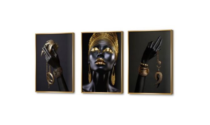 فتاه و حلى ذهبية تابلوه 3 قطع SA75125 كل التابلوهات المودرن, افريقى, بنات, شخصيات و وجوه اسود, اللون الواحد, الوان داكنة, فضى – ذهبى الفن الافريقى, صور فوتوغرافية, مودرن غرفة المعيشة, غرفة النوم, مدخل المنزل, مكاتب – شركات - اعمال بالعرض, ببرواز, برواز ذهبى, مستطيل