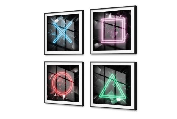 تابلوهات علامات البلايستيشن نيون SA77089 كل التابلوهات المودرن, جيمنج - العاب و تسليه اسود, الوان داكنة, متعدد الالوان اشكال هندسية و زخارف, دوائر, مثلثات, مربعات, نيون ستايل غرفة شباب, مكاتب – شركات - اعمال مربع, اكريليك, ببرواز, برواز SF9, برواز اسود