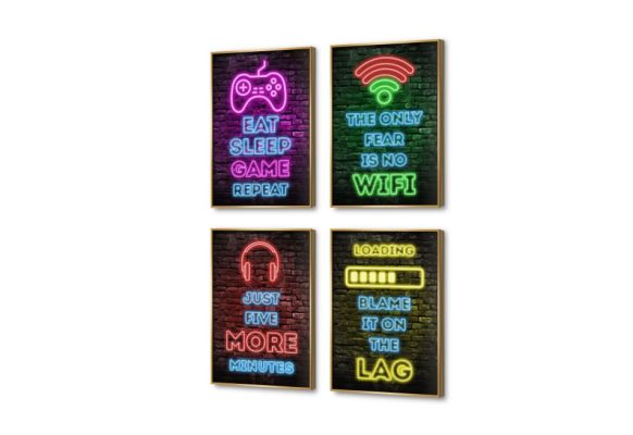 تابلوه جيمنج نيون 4 قطع SA77156 كل التابلوهات المودرن, تكنولوجى, جيمنج - العاب و تسليه, English Text & Quotes اسود, الوان داكنة, متعدد الالوان ديجيتال آرت, كتابات و حروف, مودرن, نيون ستايل غرفة شباب, مكاتب – شركات - اعمال بالطول, ببرواز, برواز ذهبى, مستطيل