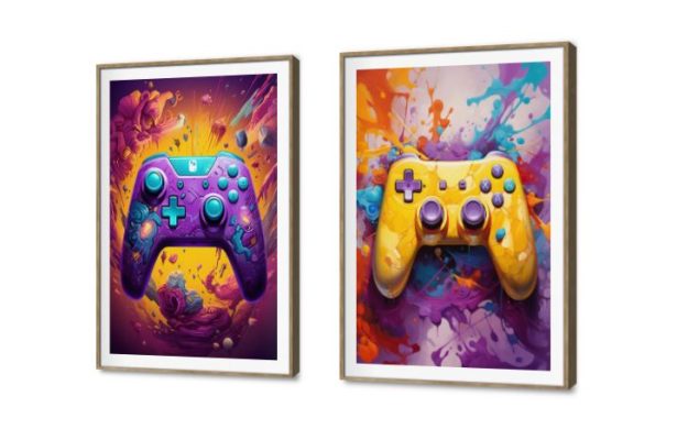 تابلوهات مودرن قطعتين بتصميم فنى بلايستيشن SA77219 كل التابلوهات المودرن, جيمنج - العاب و تسليه اصفر, ازرق - تركواز, قوى و زاهى, موف – ارجوانى ديجيتال آرت, لوحات فنية, مودرن غرفة بنات, غرفة شباب, مكاتب – شركات - اعمال بالعرض, ببرواز, برواز SF9, برواز خشبى, مستطيل