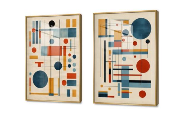 لوحات مودرن كانفاس - اشكال هندسية SA78559 كل التابلوهات المودرن, اشكال هندسية و زخارف ازرق - تركواز, برتقالى, بنى - بيج اشكال هندسية و زخارف, بوهو ستايل, دوائر, ديجيتال آرت, مربعات, مودرن غرفة الاستقبال, غرفة المعيشة, مدخل المنزل, مكاتب – شركات - اعمال اكريليك, بالعرض, ببرواز, برواز ذهبى, مستطيل