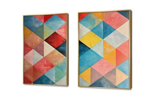 تابلوه مودرن قطعتين ملئ بالالوان SA78447 كل التابلوهات المودرن, اشكال هندسية و زخارف متعدد الالوان اشكال هندسية و زخارف, لوحات فنية, مثلثات, مودرن غرفة الاستقبال, غرفة المعيشة, مدخل المنزل, مكاتب – شركات - اعمال مستطيل, بالعرض, ببرواز, برواز ذهبى