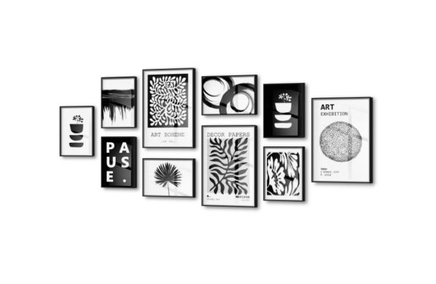 جاليرى كبير الحجم تابلوهات مودرن 10 قطع SA79703 كل التابلوهات المودرن, مميزة و مختارة, تجريدي ابيض و اسود بوهو ستايل, ديجيتال آرت, قابل للتعديل, مودرن غرفة المعيشة, غرفة الاستقبال, مدخل المنزل, مكاتب – شركات - اعمال بالعرض, اكريليك, ببرواز, برواز اسود, مستطيل