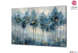 تابلوه حائط اشجار الغابة - ضباب و لمسات ذهبية SA81105 تابلوهات مودرن ازرق - تركواز لوحات فنية غرفة الاستقبال
