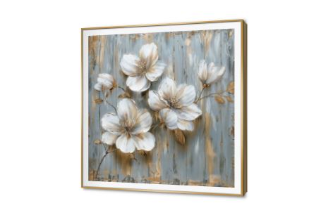 رسم لزهور بيضاء على خلفية خشبية SA84522 كل التابلوهات المودرن, ورود - زهور - نباتات ابيض - اوف وايت, رمادى, فضى – ذهبى الوان زيتية - اكريليك, لوحات فنية, مودرن غرفة الاستقبال, غرفة المعيشة, غرفة النوم, مدخل المنزل مربع, ببرواز, برواز SF9, برواز ذهبى