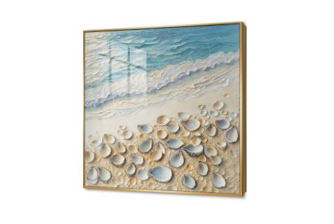 تابلوهات ساحل البحر و اصداف بحرية SA88055 كل التابلوهات المودرن, امواج, شاطئ البحر, بحار و شواطئ و مراكب ابيض - اوف وايت, ازرق - تركواز, بنى - بيج الوان زيتية - اكريليك, مظهر بارز, مودرن غرفة الاستقبال, غرفة المعيشة, غرفه الغسيل - التويليت اجازة الصيف اكريليك, ببرواز, برواز ذهبى, مربع