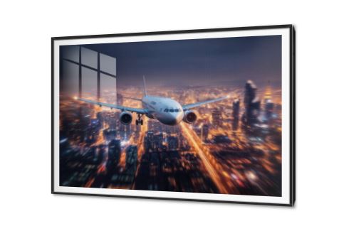 لوحات فنية طائرة ركاب فوق مدينة مضاءة ليلاً SA89120 كل التابلوهات المودرن, اعمال و شركات, سياحة و سفر, طائرات, سيارات – دراجات - مواصلات اسود, اصفر, الوان داكنة, موف – ارجوانى صور فوتوغرافية, مودرن مكاتب – شركات - اعمال فى الليل اكريليك, بالعرض, ببرواز, برواز SF9, برواز اسود, مستطيل