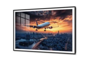 لوحات طائرة ركاب فوق مدينة حديثة SA89108 كل التابلوهات المودرن, اعمال و شركات, سياحة و سفر, طائرات, سيارات – دراجات - مواصلات اسود, الوان داكنة, برتقالى صور فوتوغرافية, مودرن مكاتب – شركات - اعمال شروق - غروب اكريليك, بالعرض, ببرواز, برواز SF9, برواز اسود, مستطيل