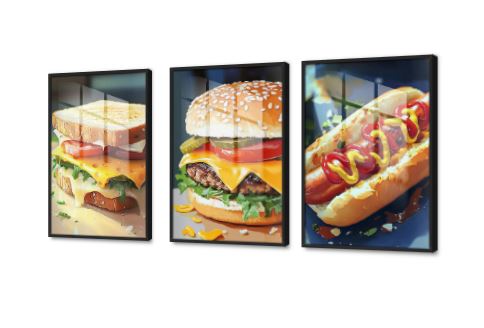 تابلوه مطعم الوجبات السريعة SA88145 كل التابلوهات المودرن, طعام - مأكولات, مشروبات – اطعمة - المطبخ احمر - نبيتى, ازرق - تركواز, اصفر, برتقالى, قوى و زاهى, متعدد الالوان الوان زيتية - اكريليك, مودرن غرفة الطعام - المطبخ, مكاتب – شركات - اعمال اكريليك, بالعرض, ببرواز, برواز اسود, مستطيل