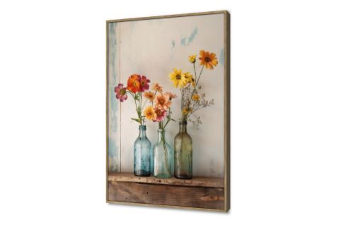 لوحة فنية لزهور ملونة في زجاجات عتيقة SA94430 كل التابلوهات المودرن, فازات و اوانى, طبيعه صامتة, ورود - زهور - نباتات ابيض - اوف وايت, ازرق - تركواز, اصفر, برتقالى بسيط و هادئ, صور فوتوغرافية, عتيق - فينتاج, مودرن غرفة الاستقبال, غرفة المعيشة, غرفة النوم, غرفة بنات, مدخل المنزل, مكاتب – شركات - اعمال فصل الربيع بالطول, ببرواز, برواز خشبى, مستطيل