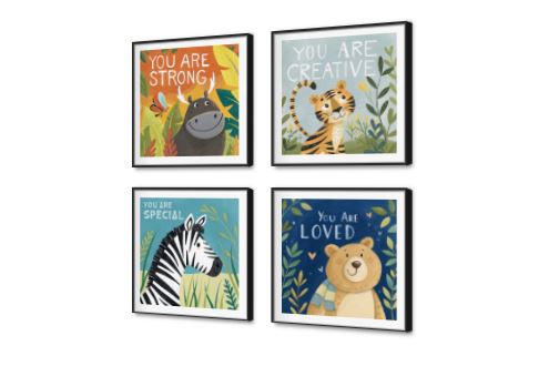 تابلوهات حائط حيوانات لطيفة بعبارات تشجيعية للأطفال SA94188 كل التابلوهات المودرن, حيوانات المزرعة, English Text & Quotes, حيوانات و طيور ابيض - اوف وايت, اخضر - زيتى, ازرق - تركواز, اسود, اصفر, برتقالى, بنى - بيج, متعدد الالوان الستريشن - فيكتور, ديجيتال آرت, كتابات و حروف, مودرن غرفة اطفال ببرواز, برواز SF9, برواز اسود, مربع