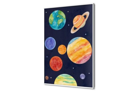 لوحات حائط فنية للمجموعة الشمسية بألوان مائية SA95425 كل التابلوهات المودرن, القمر, خيال - خيال علمى, علوم, فضاء و كواكب ازرق - تركواز, قوى و زاهى, متعدد الالوان الستريشن - فيكتور, الوان مائية, ديجيتال آرت, مودرن غرفة اطفال, غرفة شباب فى الليل بالطول, ببرواز, برواز ابيض, مستطيل
