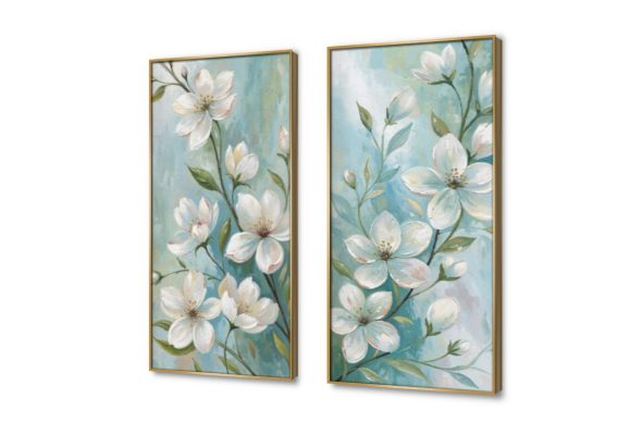 لوحات فنية لزهور بيضاء رقيقة وأنيقة SA95968 كل التابلوهات المودرن, اوراق شجر - نباتات, ورود - زهور - نباتات ابيض - اوف وايت, اخضر - زيتى, ازرق - تركواز, درجات الباستيل الوان زيتية - اكريليك, بسيط و هادئ, كلاسيك – نيو كلاسيك, لوحات فنية, مظهر بارز, مودرن غرفة الاستقبال, غرفة الطعام - المطبخ, غرفة المعيشة, غرفة النوم, غرفة بنات, مدخل المنزل, مكاتب – شركات - اعمال فصل الربيع بالطول, ببرواز, برواز ذهبى, مستطيل