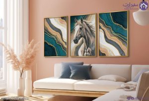 تابلوه كانفاس الحصان والتموجات الذهبية SA98501 كل التابلوهات المودرن, احصنه, تجريدي, حيوانات و طيور اخضر - زيتى, بنى - بيج, فضى – ذهبى الوان زيتية - اكريليك, لوحات فنية, مودرن غرفة الاستقبال, غرفة المعيشة بالعرض, ببرواز, برواز ذهبى, مستطيل