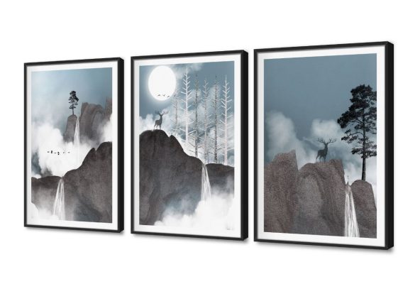 طقم لوحات حائط مودرن للجبال والغزلان SA105226 اشجار, القمر, جبال, غزلان, كل التابلوهات المودرن, تجريدي, حيوانات و طيور, فضاء و كواكب, مناظر طبيعية ابيض - اوف وايت, ازرق - تركواز, اسود, الوان داكنة, رمادى بسيط و هادئ, ديجيتال آرت, لوحات فنية, مودرن غرفة الاستقبال, غرفة المعيشة, غرفة النوم, مكاتب – شركات - اعمال فى الليل, وقت الضباب بالطول, ببرواز, برواز اسود, مستطيل