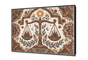 لوحة فنية بتصميم الميزان مع زخارف بوهيمية راقية SA105706 اعمال و شركات, القمر, اوراق شجر - نباتات, قانون - قضاء - محاماه, كل التابلوهات المودرن, اشكال هندسية و زخارف, فضاء و كواكب, ورود - زهور - نباتات ازرق - تركواز, اصفر, برتقالى, بنى - بيج اشكال هندسية و زخارف, الستريشن - فيكتور, بوهو ستايل, تماثل - سيميترى, ديجيتال آرت, لوحات فنية, مودرن غرفة الاستقبال, غرفة المعيشة, مكاتب – شركات - اعمال شروق - غروب, فصل الخريف بالعرض, ببرواز, برواز اسود, مستطيل
