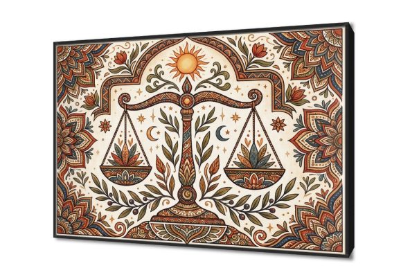 لوحة فنية بتصميم الميزان مع زخارف بوهيمية راقية SA105706 اعمال و شركات, القمر, اوراق شجر - نباتات, قانون - قضاء - محاماه, كل التابلوهات المودرن, اشكال هندسية و زخارف, فضاء و كواكب, ورود - زهور - نباتات ازرق - تركواز, اصفر, برتقالى, بنى - بيج اشكال هندسية و زخارف, الستريشن - فيكتور, بوهو ستايل, تماثل - سيميترى, ديجيتال آرت, لوحات فنية, مودرن غرفة الاستقبال, غرفة المعيشة, مكاتب – شركات - اعمال شروق - غروب, فصل الخريف بالعرض, ببرواز, برواز اسود, مستطيل